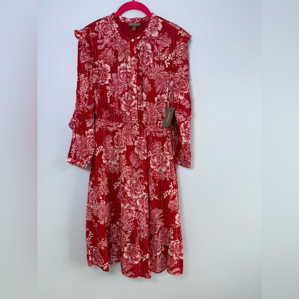 Style & Co. Red Floral Long-Sleeve Button Dress